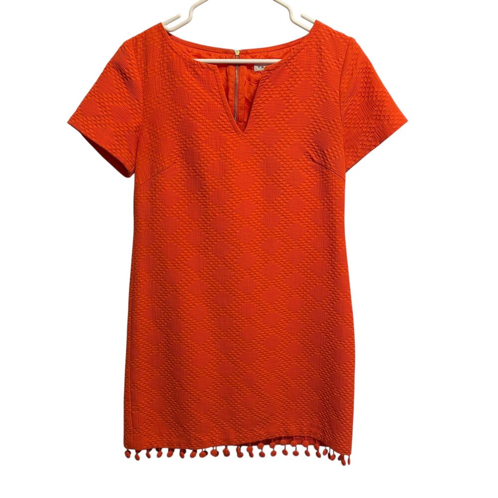 Trina Turk Orange Textured‎ Sheath Dress Pom Pom Hem Short Sleeve 8 Dopamine